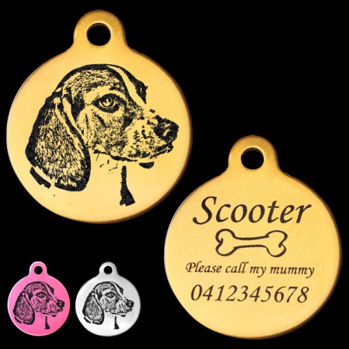 Beagle Engraved 31mm Large Round Pet Dog ID Tag